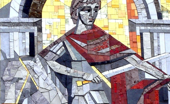 Ausschnitt aus dem Mosaik des heiligen Martin (1977) an der ehemaligen Spitalskirche St. Martin in Aigen im Mühlkreis. © Wolfgang Sauber/wikimedia.org/CC BY-SA 3.0