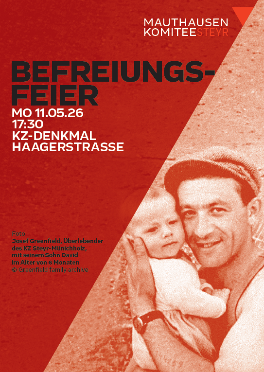 rotes Plakat mit Foto von Josef Greenfield und seinem Sohn David im alter von 6  Monaten