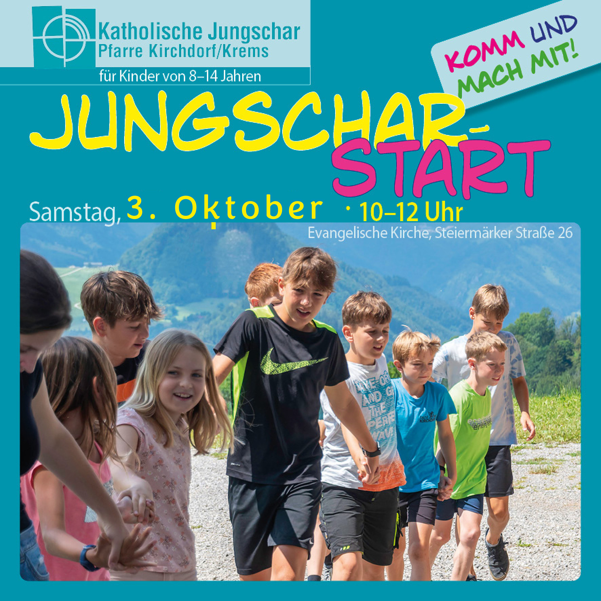 Einladung zum Jungscharstart am 3. Oktober 2026 von 10-12 Uhr in der Evangelischen Kirche Kirchdorf