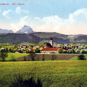 Ansicht von Pettenbach mit dem Pfarrhof und der Pfarrkirche um 1900