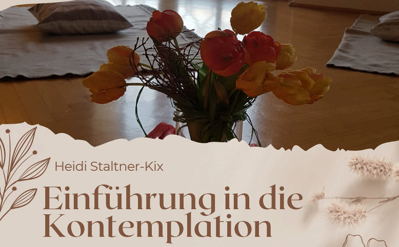 orange Tulpen in einer Vase am Holzboden, darunter brauner Hintergrund und Text 'Einführung in die Kontemplation'