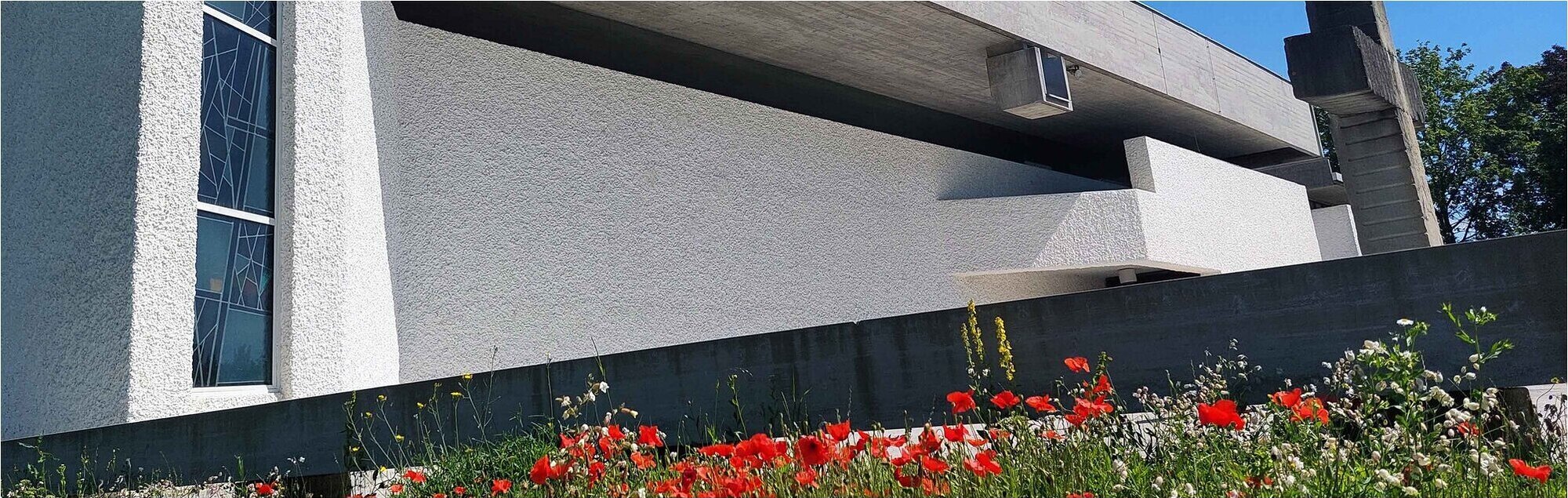 Pfarrkirche Langholzfeld Außenansicht mit Mohnblumen im Vordergrund