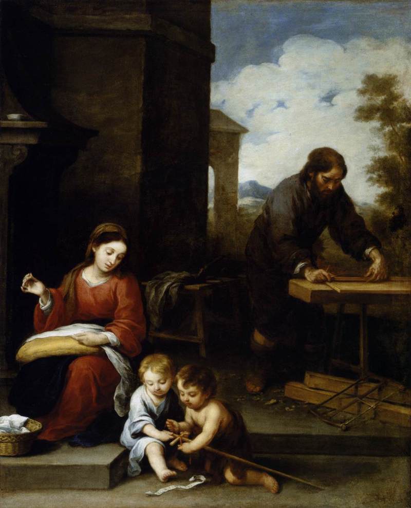 Die heilige Familie mit dem Johannesknaben - im Hintergrund Josef als Handwerker