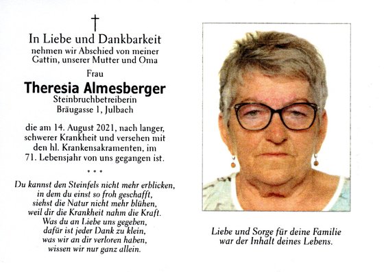 Foto: Sterbebild Frau Theresia Almesberger