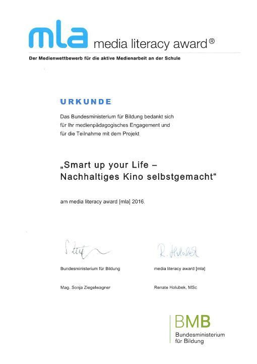 Urkunde vom mla – media literacy award 2016 für unser Projekt „Smart up your Life“