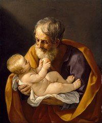 Josef von Nazaret hält das Jesus-Baby im Arm