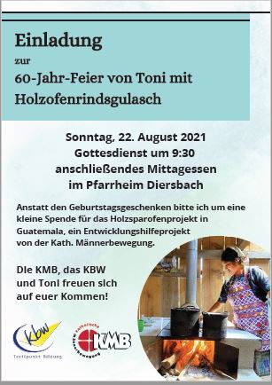 Einladung mit Hinweis auf Gottesdienst und anschließendem Essen, gekocht auf einem Holzofen für ein Projekt der KMB in Guatemala