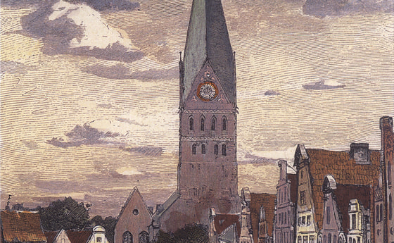 Hans von Bartels  (1856–1913): Am Sande (Blick nach Osten zum Turm der St. Johanniskirche). (Link zum Bild: https://commons.wikimedia.org/wiki/File:Hans_von_Bartels_Am_Sande.jpg)