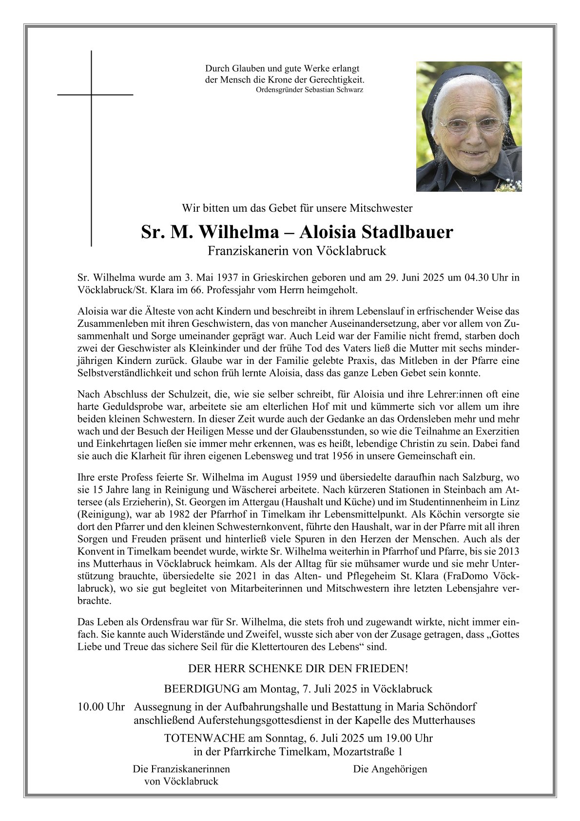 Paarte Sr. Wilhelma Stadlbauer / Franziskanerinnen Vöcklabruck