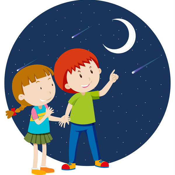 Happy kids pointing finger to the moon illustration