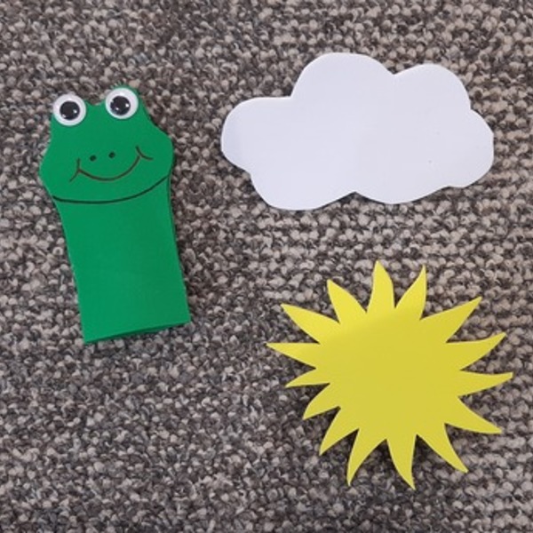 Fingerpuppe grüner Frosch, Wolke und sonne