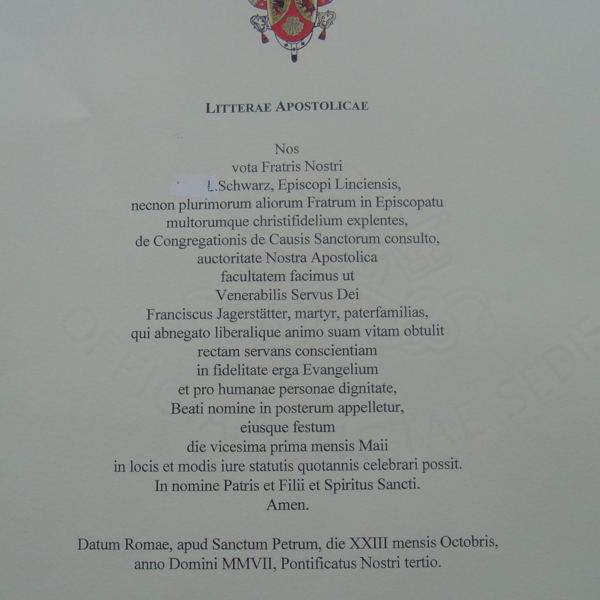 Apostolisches Schreiben Seligsprechung von Franz Jägerstätter