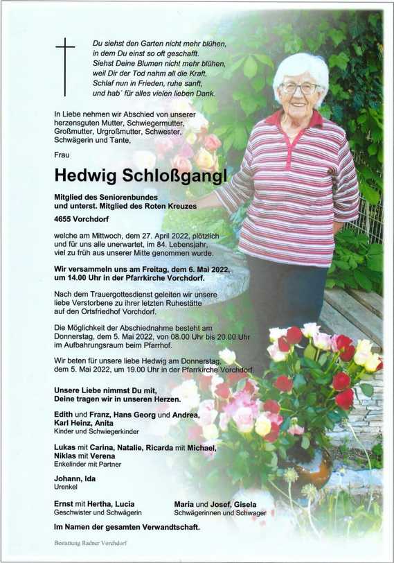 Foto: Sterbebild Frau Hedwig Schloßgangl / Foto: Sterbebild Frau Hedwig Schloßgangl Foto: Sterbebild Frau Hedwig Schloßgangl