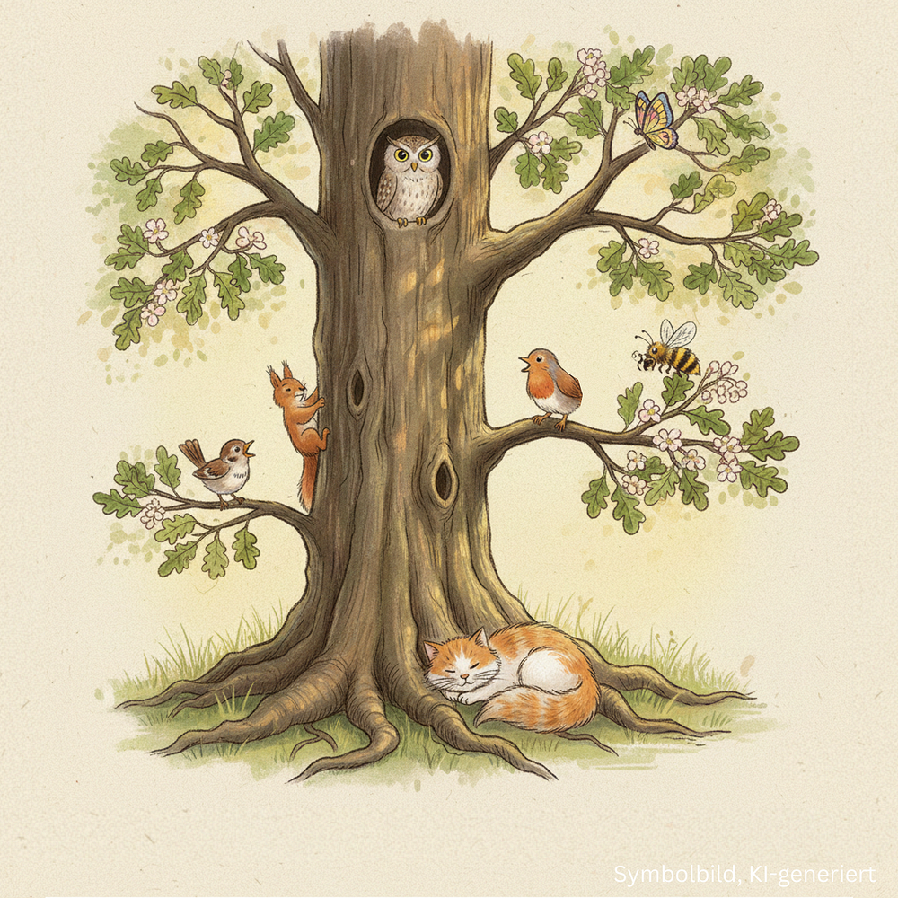 Illustration eines Baumes mit sieben Tieren, die die Kita-Gruppen symbolisieren. Das Bild wurde mit Hilfe von Künstlicher Intelligenz erstellt.