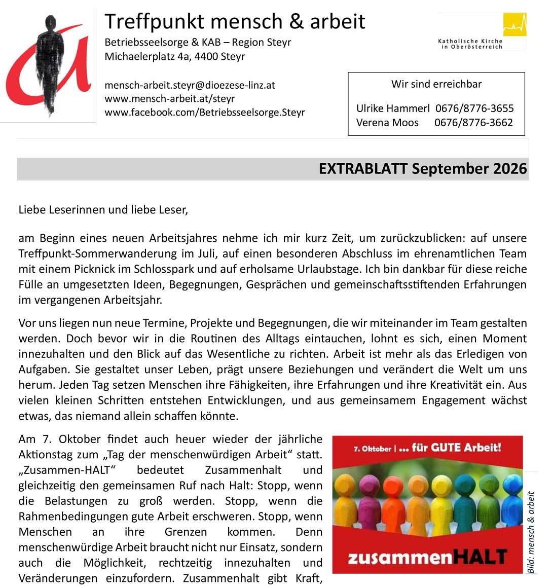 Extrablatt September 2026 / Treffpunkt mensch&arbeit Steyr Extrablatt September 2026