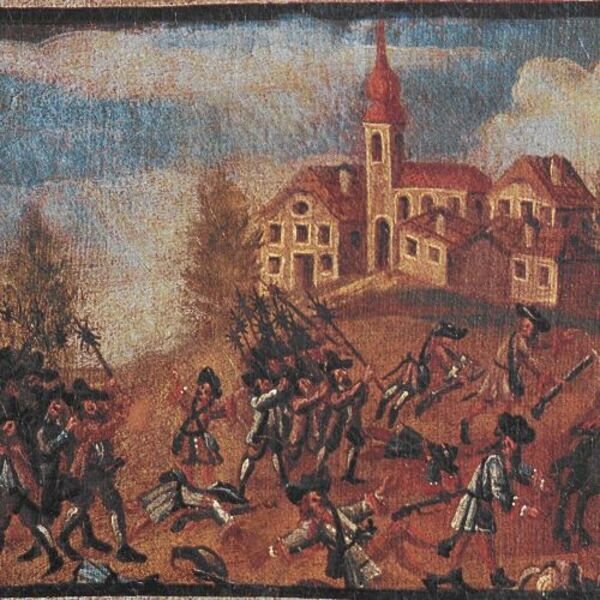 Szene des Bauernkrieges vor dem Hintergrund einer Kirche