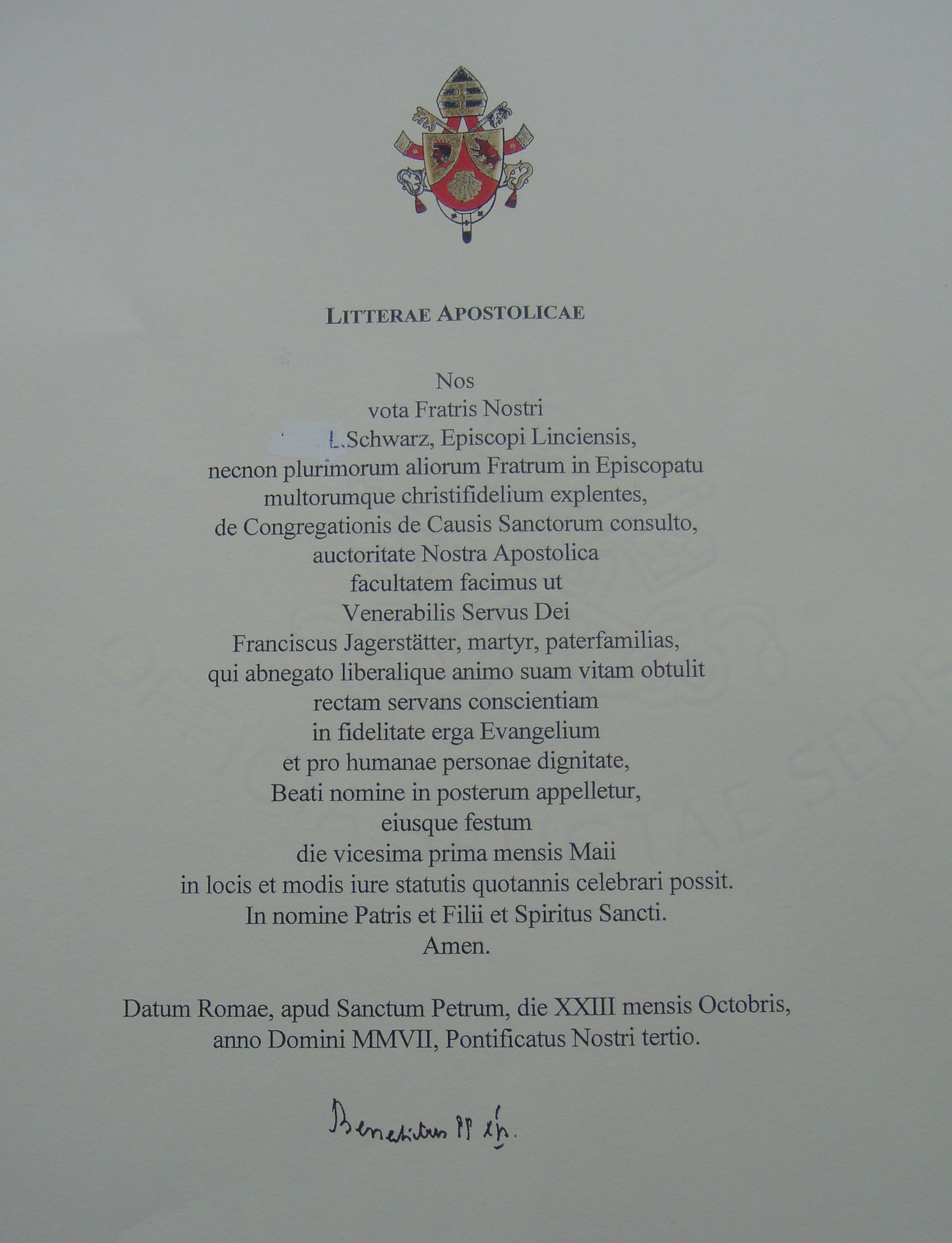 Apostolisches Schreiben Seligsprechung von Franz Jägerstätter