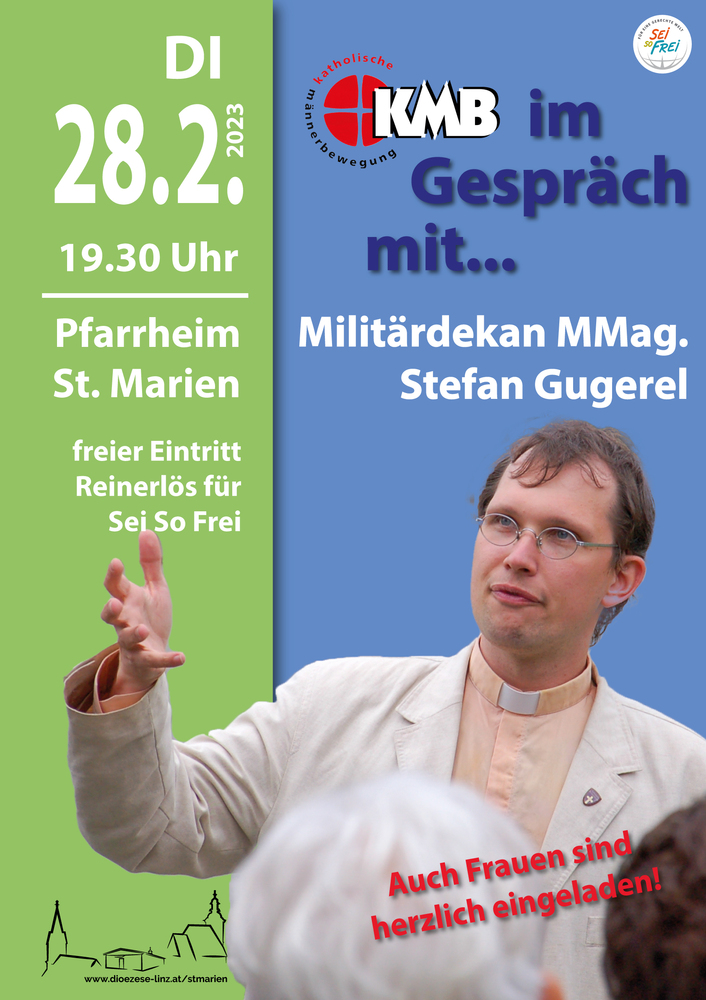 Plakat zur Veranstaltung der KMB St. Marien zu KMB im Gepräch mit MMag. Stefan Gugerel, Militärseelsorger