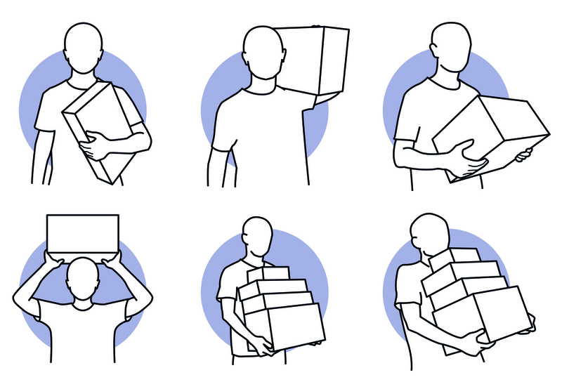 Man carrying and opening a box. Vector illustrations of a person holding small and big boxes. Man unboxing the box and checking the item inside on a table.