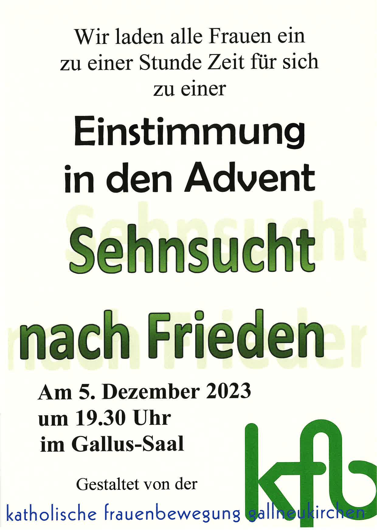 Einladung an alle Frauen zur Adventfeier der KFB der Pfarrgemeinde Gallneukirchen