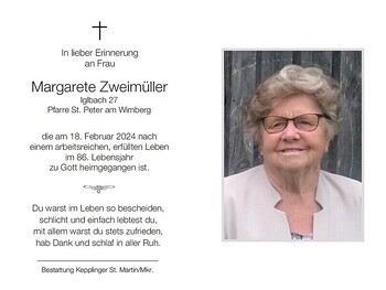 Zweimüller Margarete / Bestattung Kepplinger