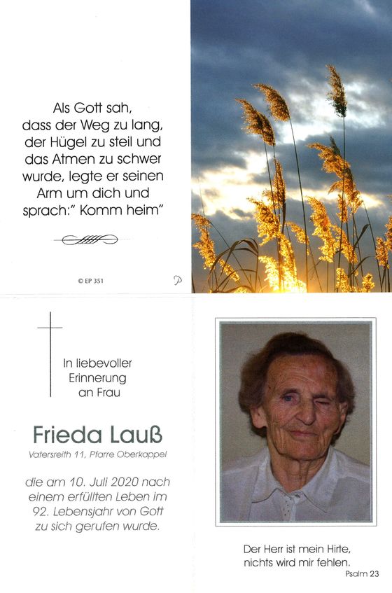 Sterbebild Frieda Lauß