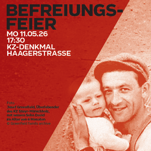 rotes Plakat mit Foto von Josef Greenfield und seinem Sohn David im alter von 6  Monaten