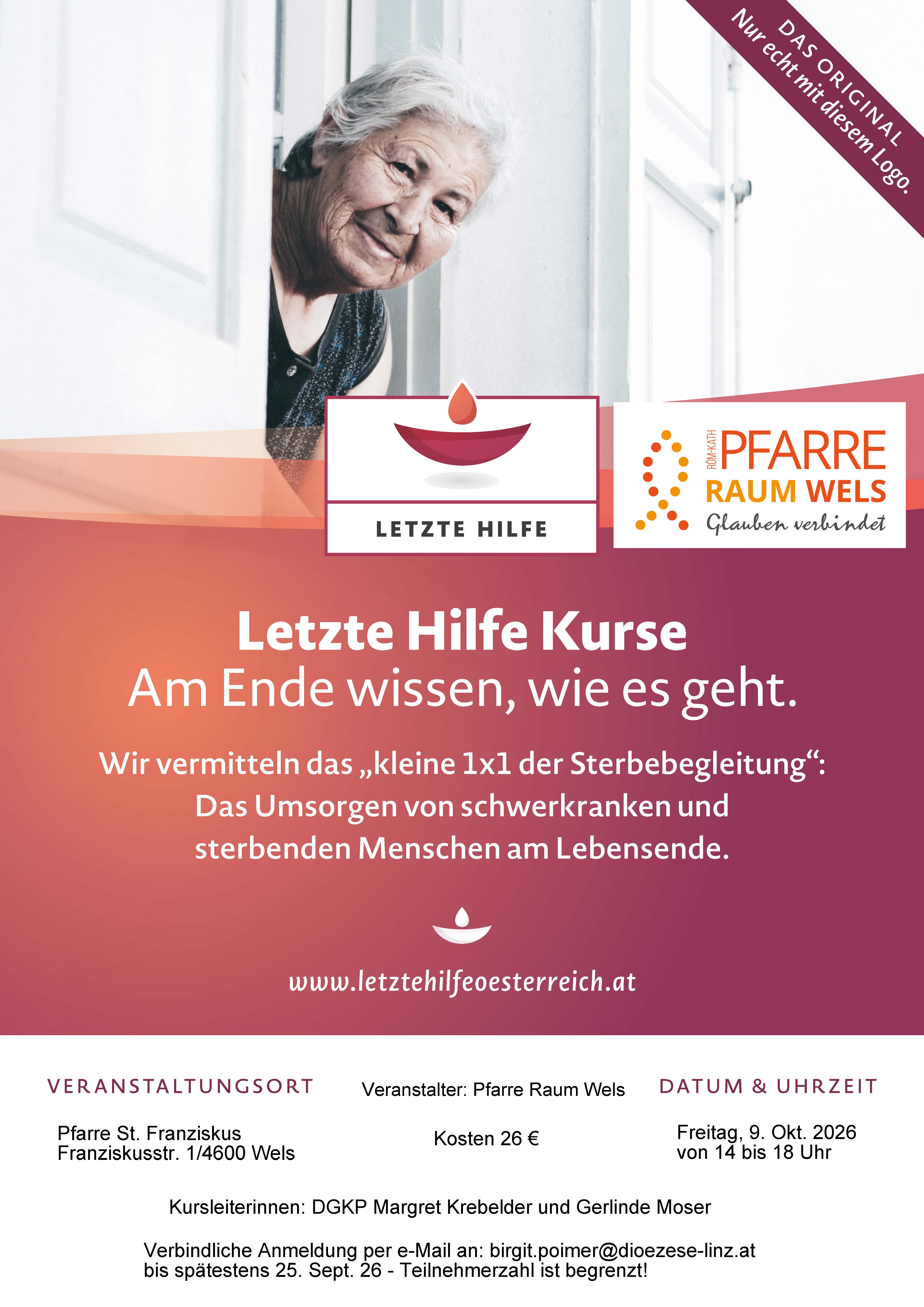 Pfarre Raum Wels Plakat zur Veranstaltung Letzte Hilfe