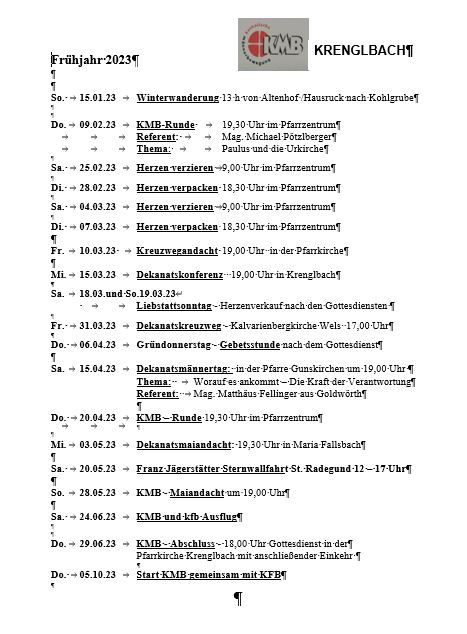 Das Programm der KMB im ersten Halbjahr der KMB-Krenglbach