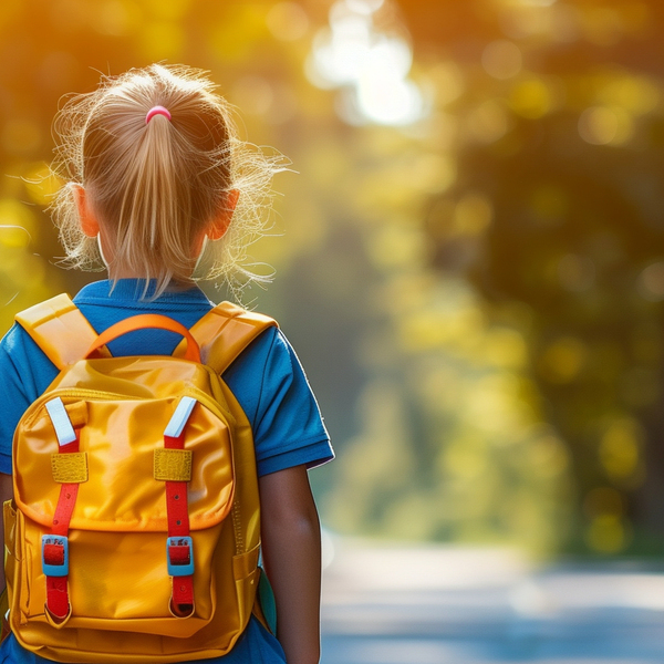 Schoolchildren with backpacks outside on a sunny day, created with Generative AI technology.