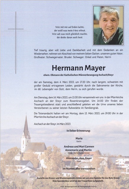 Die Parte von Hermann Mayer aus Aschach an der Steyr