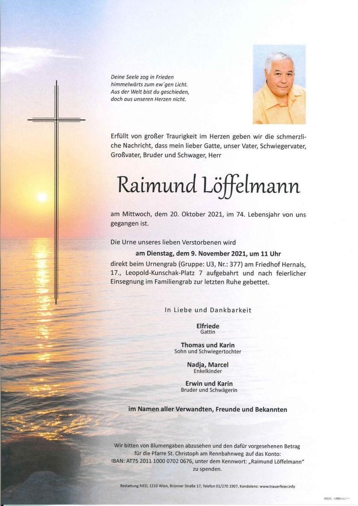 Die Parte des ehemaligen Vorsitzenden der Katholischen Männerbewegung Österreichs Raimund Löffelmann