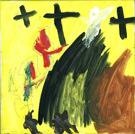 Oster Zeichnung eines Kindes mit Kreuz, Licht, Engel, offenem Grab und Frauen