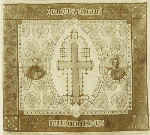 Die Fahne wurde dem Dombauverein vom Domkapitel anlässlich der Grundsteinlegung 1862 gewidmet. Eingestickt ist auf der einen Seite der Grundriss des Doms, rechts und links findet man die Namenspatrone von Bischof Franz Joseph Rudigier, oben die Insch