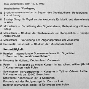 Lebenslauf von Max Zweimüller auf einer LP: Max Zweimüller an der Rudigierorgel des Linzer Doms: Bach, D'Aqin, Couperin. Anfang der 1970er Jahre.