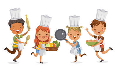 Children cooking.boys and girls preparing the cooking equipment together happily. holds kitchenware,vegetables and eggs. concept is learning and practicing moments of childhood.Vector illustrations.