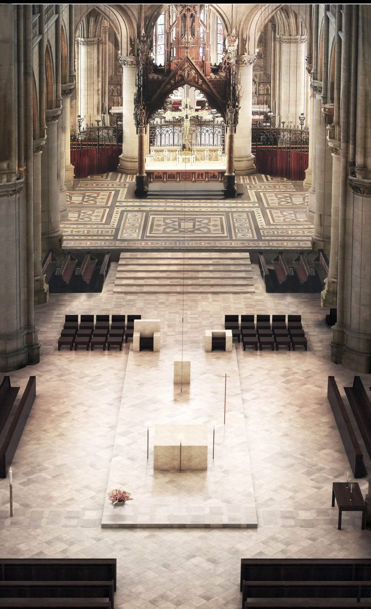 Perspektive aus Langschiff: „Bereit für die Eucharistiefeier“