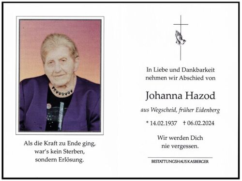 Sterbebild Frau Johanna Hazod