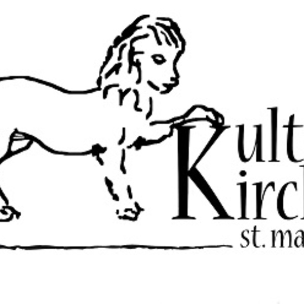 schwarzer Löwe mit Pfote auf Schrift KulturKirche St. Markus