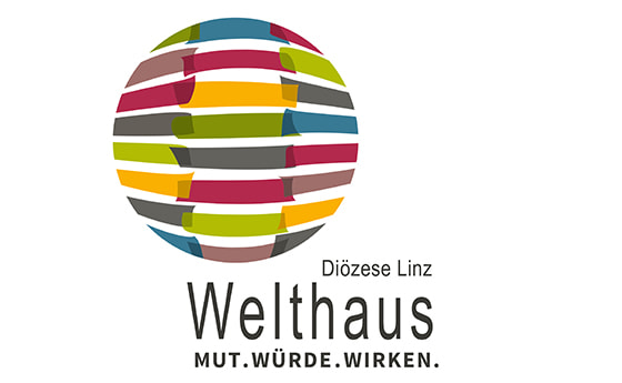 Mut.Würde.Wirken. Logo und Leitspruch Welthaus Linz