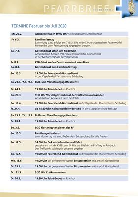 Terminblatt Fastenpfarrbrief 2020