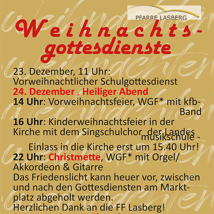 Gottesdienste zu Weihnachten, Pfarre