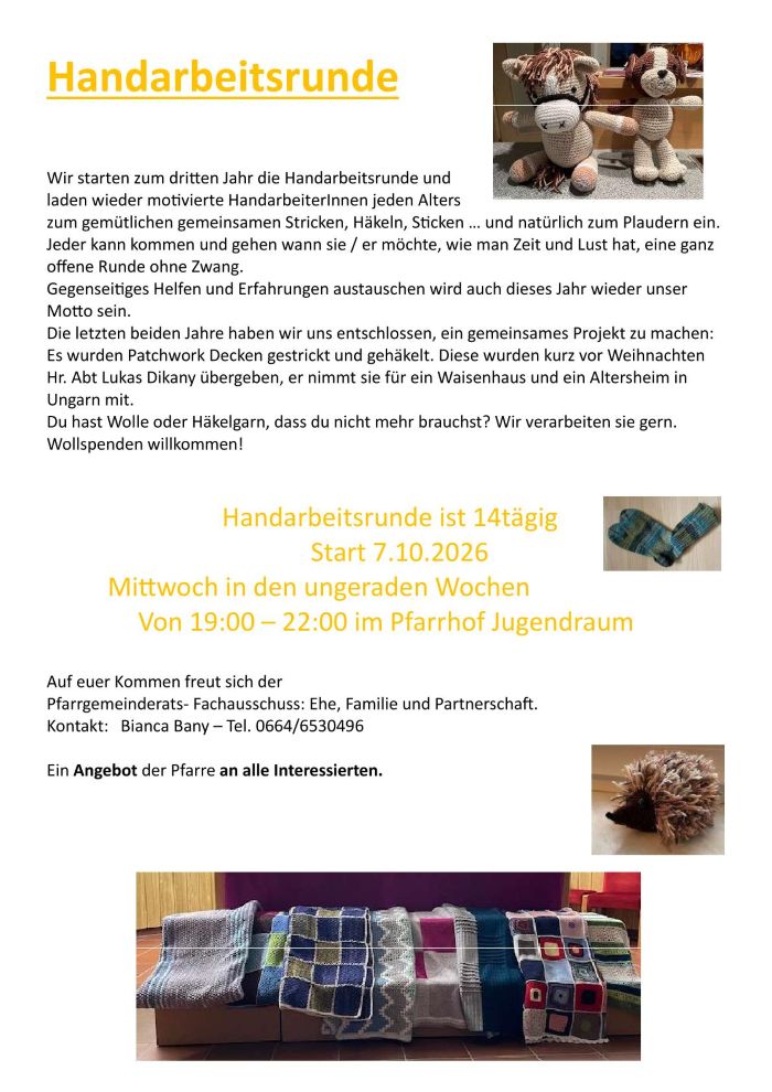 Handarbeitsrunde: Gestrickte und gehäkelte Decken, Socken und Igel aus Wolle
