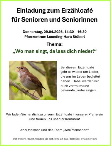 Erzählcafé 9.4.26 / © Pfarrgemeinde Leonding-Hart-St. Johannes Erzählcafé 9.4.26