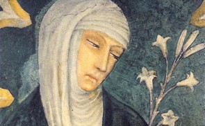 Heilige Katharina von Siena. (Ausschnitt eines Freskos von Andrea Vanni in Siena, etwa 1400)