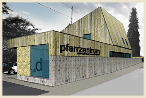 Straßenansicht (B129 in Richtung Ortsmitte) des neuen Pfarrzentrums