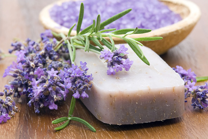 bar of natural soap, herbs and bath salt