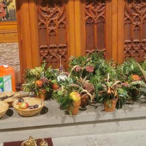 Die Gaben der LJ und die Ernteschalen fanden vor dem Altar Platz.