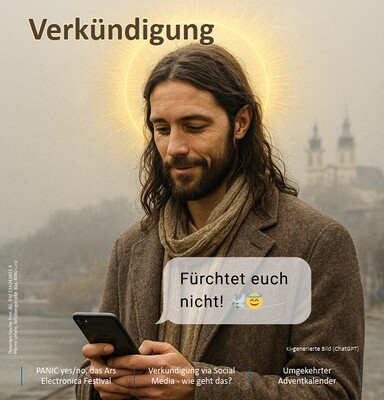 Ein Mann mit langen dunklen Haaren, auf einem Handy tippend und mit einem Heiligenschein
