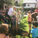 So nun darf das Bäumchen rein,... daran hängen die aus Holz, selbst gestalteten Herzen der Kommunionkinder.